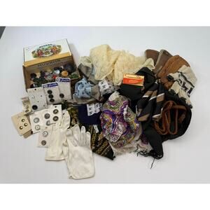 Assortment of Vintage Scarves, gloves, and buttons Crafters Delight Box Fabric
